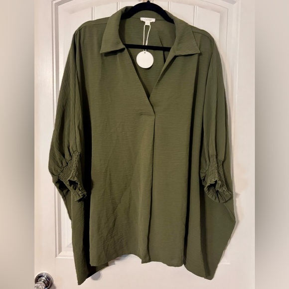 Olive Green Size 1XL Oversized Blouse with Smocked Sleeves – Boho Tunic Top - Picture 4 of 8
